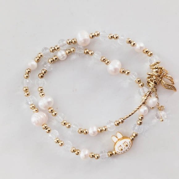 Labubu Inspired Double-Strand Pearl & Crystal Bracelet Gold & White - Picture 6 of 8